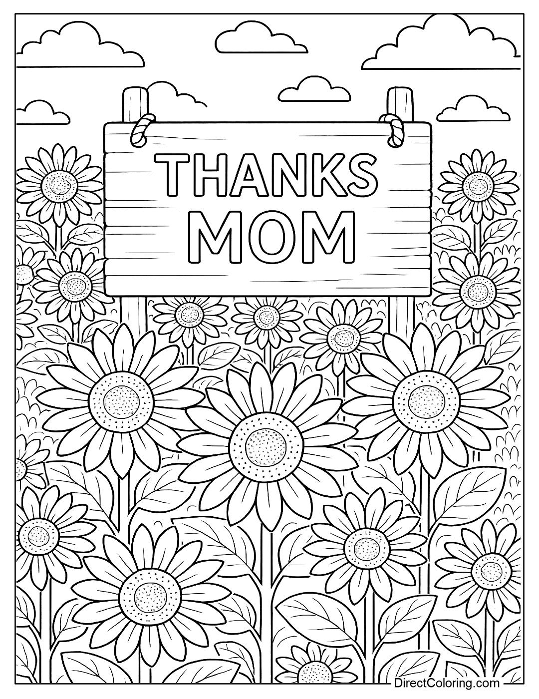 coloring page A field of sunflowers stretches out, a wooden sign hangs with the words 